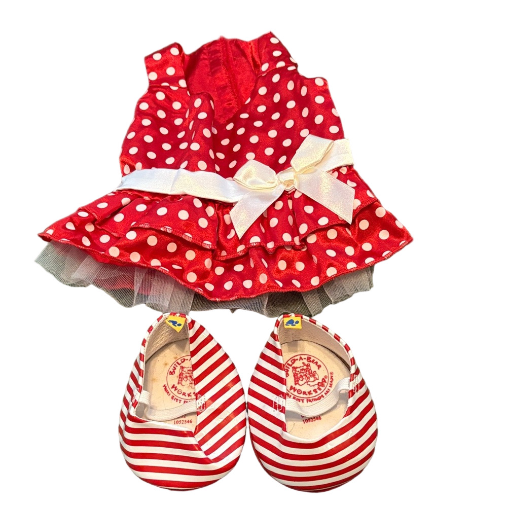 Build A Bear Satin Polka Dot Dress And Red And White Striped Shoes